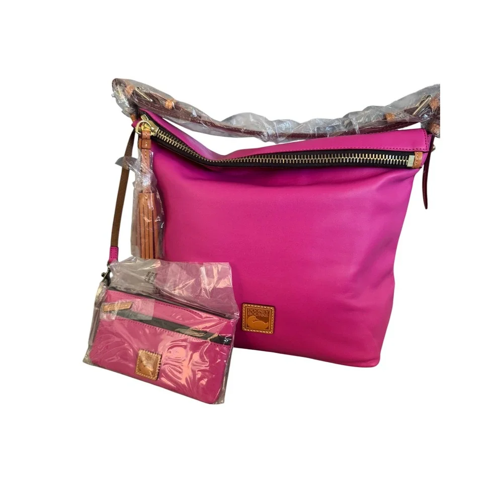 Dooney & Bourke Pink Leather Hobo Bag with Pouch and Keychain Set NEW